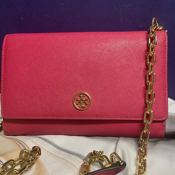 Tory Burch Pink Saffiano Leather Wallet on Chain Crossbody Bag FREE SHIPPING - Picture 1 of 9
